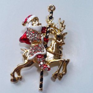 Christmas Brooch Santa Reindeer Rhinestones Pin Stylish Gold Trendy Glam Holiday